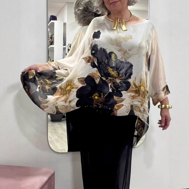 Damen nan elegante Chiffon-Tunika mit Fledermausärmeln und asymmetrischem Saum Echo Archiv