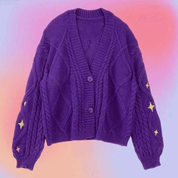 Damen nan oversize Strickcardigan mit Zopfmuster und Sternapplikationen V-Ausschnitt Knopfleiste Echo Archiv