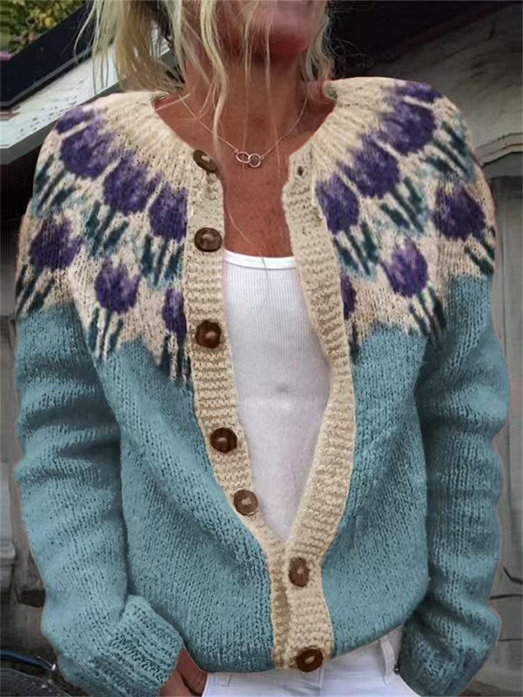 Damen nan gemusterte Strickjacke mit Rundpasse, Holzknöpfen und Eingrifftaschen Echo Archiv