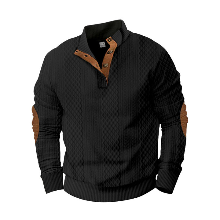 Herren Strickpullover mit innovativem Stehkragen und modernen Lederapplikationen Echoarchiv