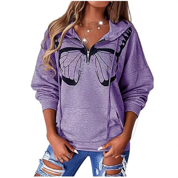 Damen Kapuzenpullover mit halbhohem Reißverschluss und Schmetterlingsprint – Auréline