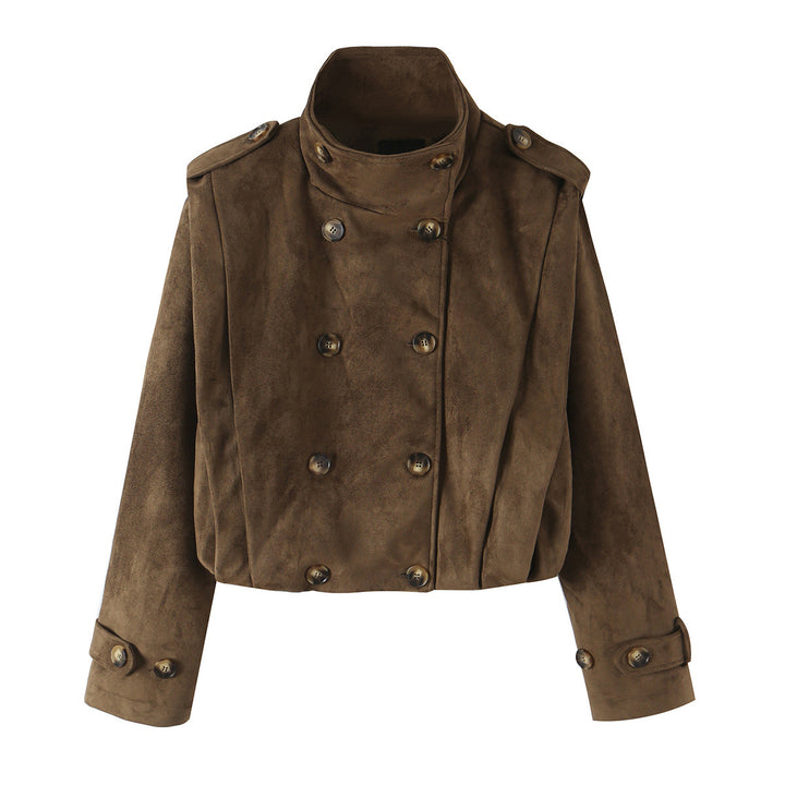 Damen Kurze Doppelreihige Velourslederjacke mit Stehkragen und Epauletten Echoarchiv