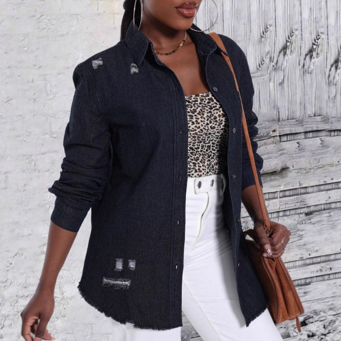 Damen Oversize-Denim-Hemdjacke mit Used-Effekten und rohem Saum Echo Archiv