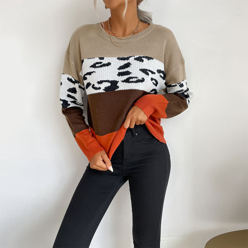 Damen Colorblock Strickpullover mit Leopardenprint-Einsatz und lässiger Oversize-Passform Echoarchiv