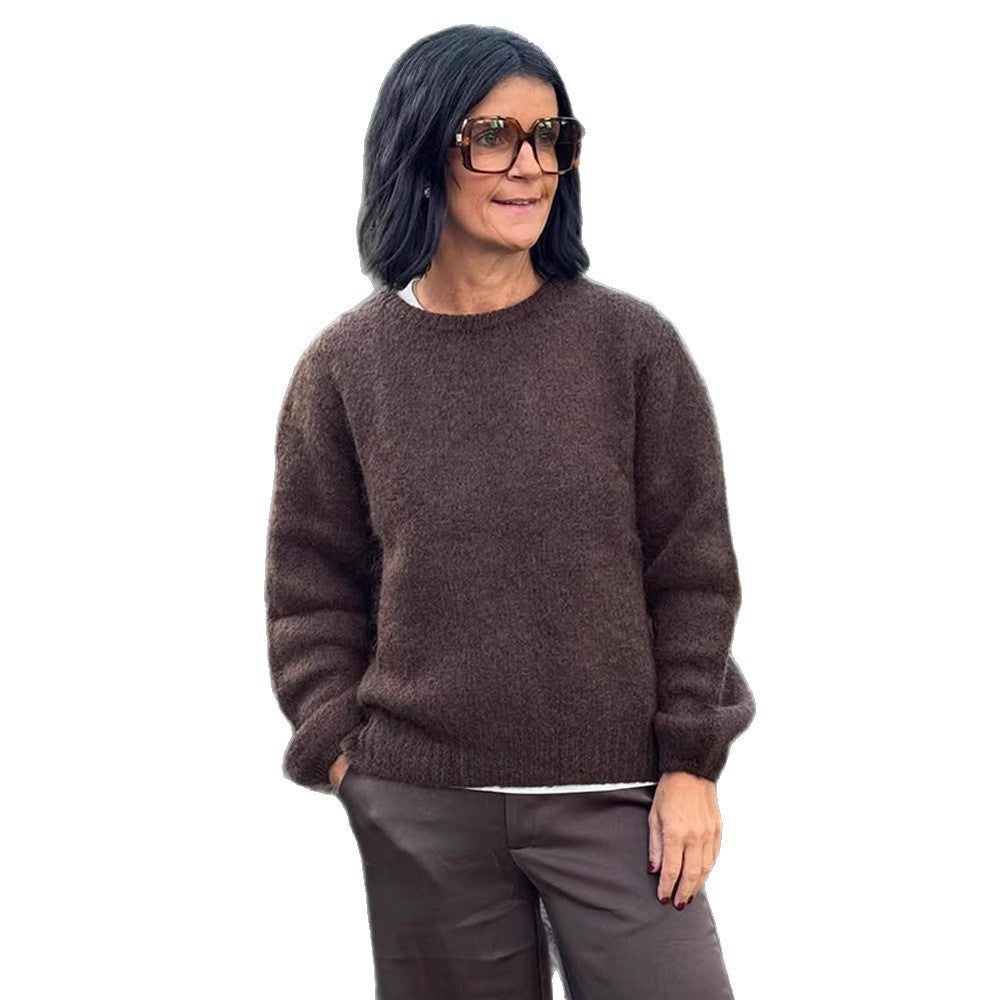 Damen Flauschiger Rundhals-Pullover mit Ballonärmeln und kastiger Silhouette Echoarchiv