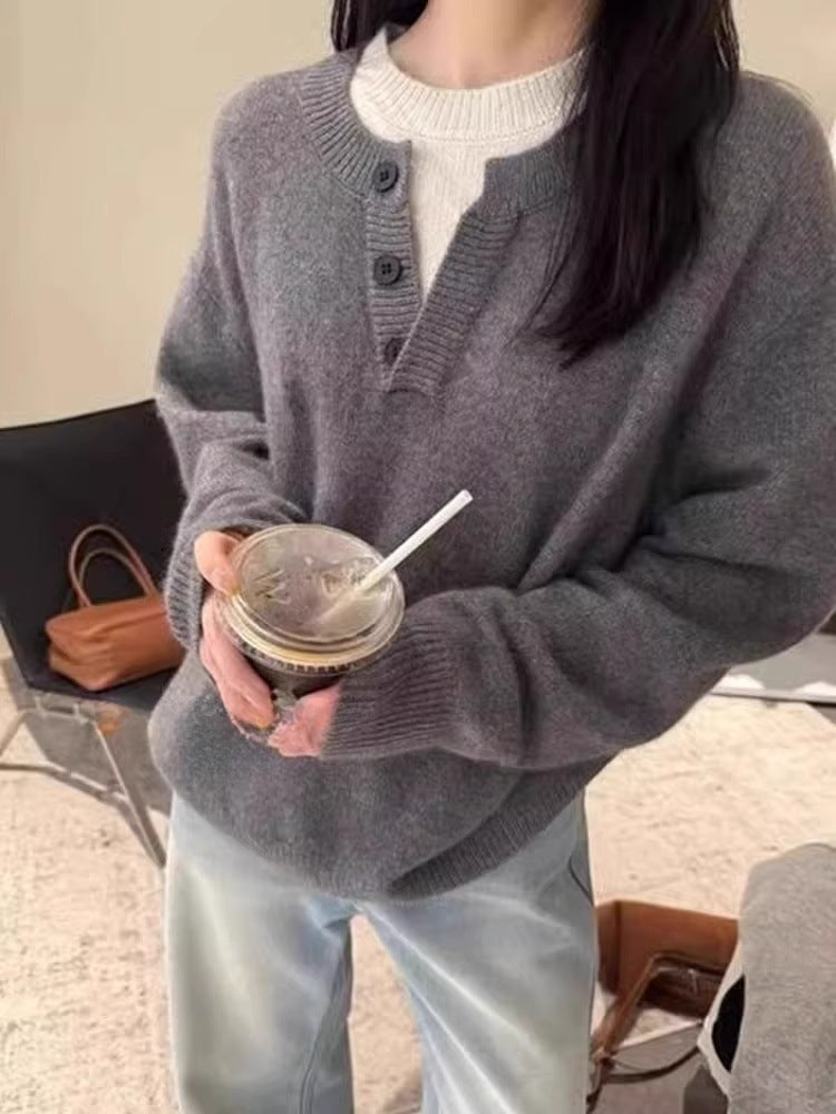 Damen Oversize-Henley-Pullover aus flauschigem Mohair‑Look mit Knopfleiste Echoarchiv