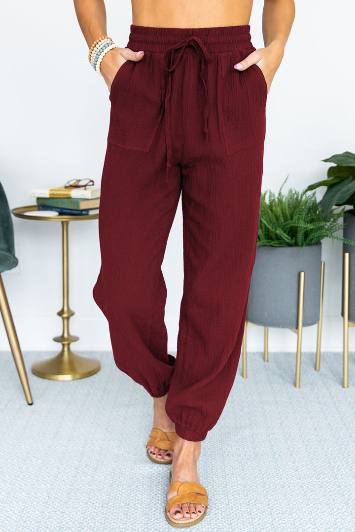 Damen Leichte Leinen-Joggerhose mit Tunnelzug, aufgesetzten Taschen und elastischen Bündchen Echo Archiv