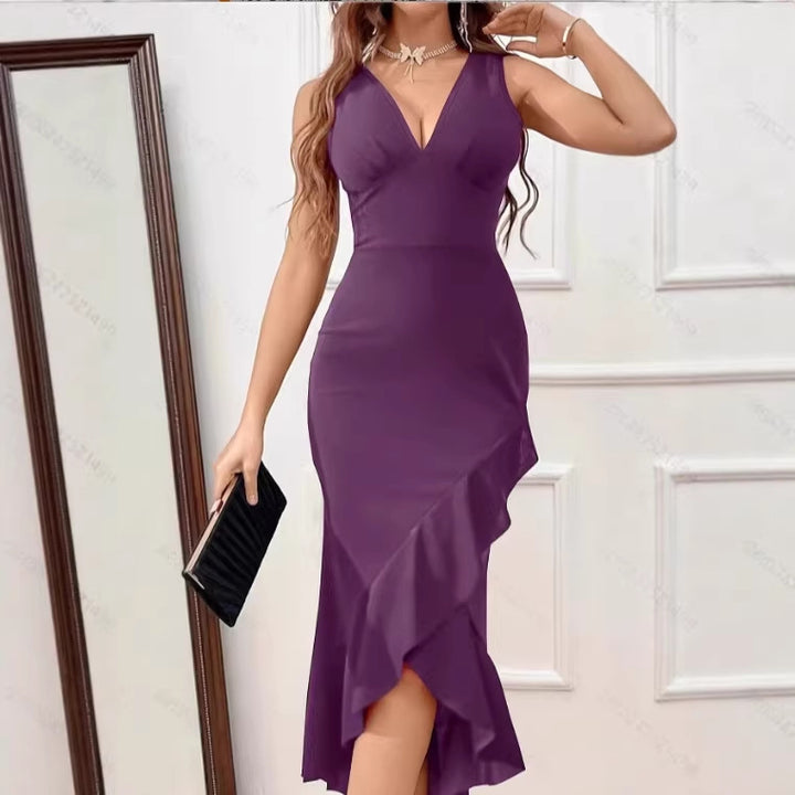Damen Midikleid mit V-Ausschnitt und asymmetrischem Rüschensaum Echo Archiv