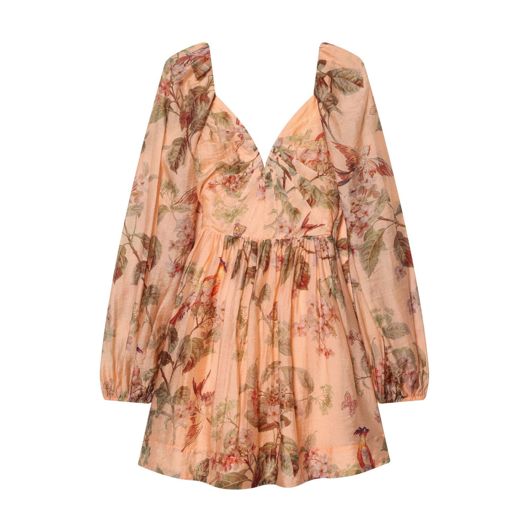 Damen florales V-Neck Stufenmidikleid mit tiefem Dekolleté und geraffter Taillenpartie – Élara