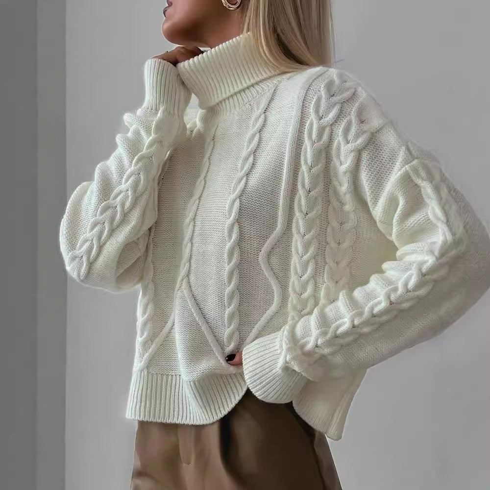 Damen Grobstrick-Rollkragenpullover mit Zopfstrick-Details Echoarchiv