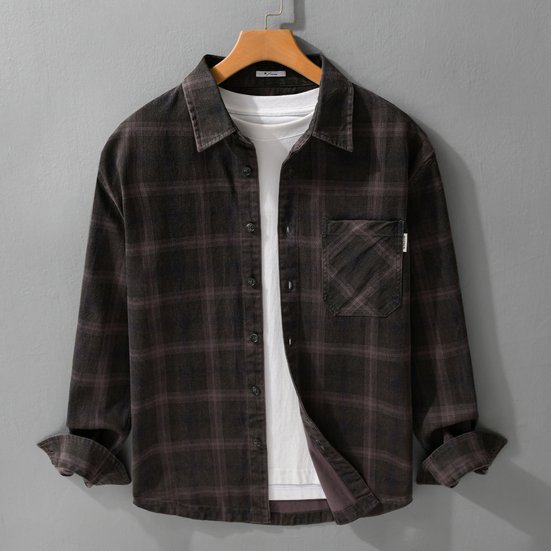 Herren Karo-Relaxed-Overshirt aus gebürstetem Baumwollmix mit Brusttasche und durchgehender Knopfleiste Echoarchiv