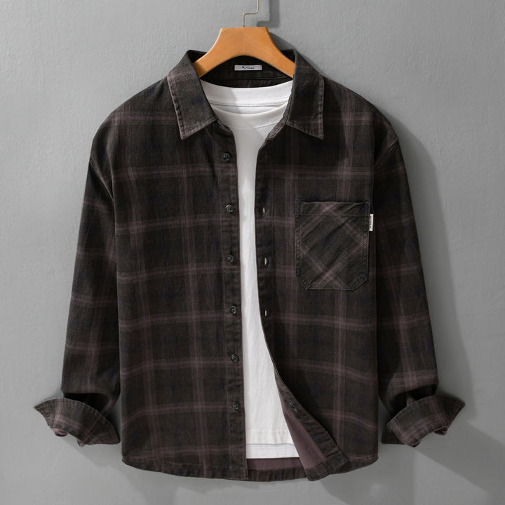 Herren Karo-Relaxed-Overshirt aus gebürstetem Baumwollmix mit Brusttasche und durchgehender Knopfleiste Echoarchiv