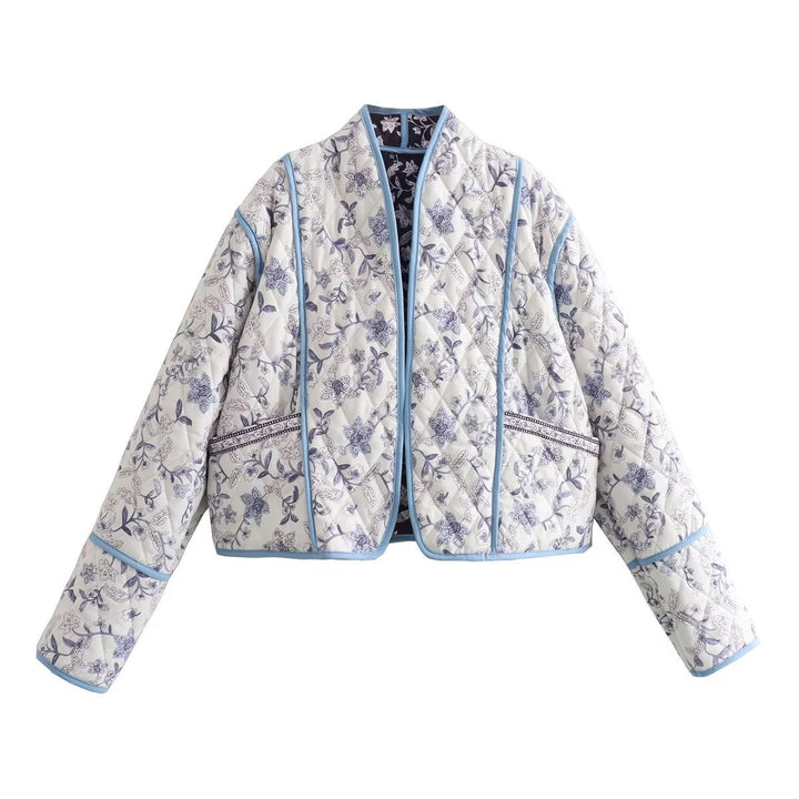 Damen Gestepptes Cropped-Steppjacke mit floralem Allovermuster und kontrastierender Paspelierung Echo Archiv