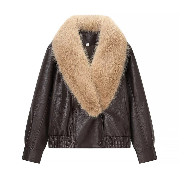 Damen kurz geschnittener Kunstleder-Blouson mit voluminösem Kunstfell-Schalkragen – Célinea