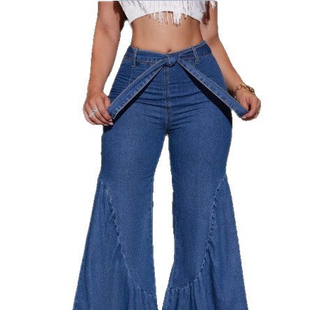 Damen Hochtaillierte Denim-Palazzo-Jeans mit überlappendem V-Bund, weitem Schlag und Frontschlitz Echo Archiv
