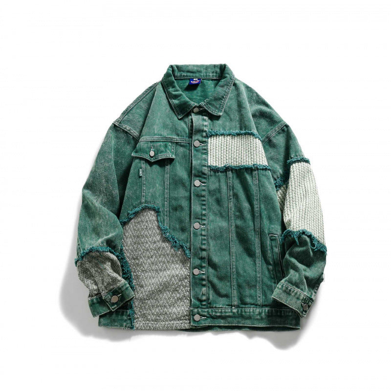 Unisex Oversize Jeansjacke mit Patchwork-Strickeinsätzen und Used-Optik Echo Archiv