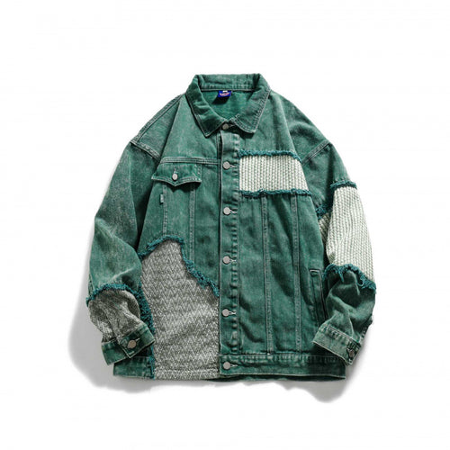 Unisex Oversize Jeansjacke mit Patchwork-Strickeinsätzen und Used-Optik Echo Archiv