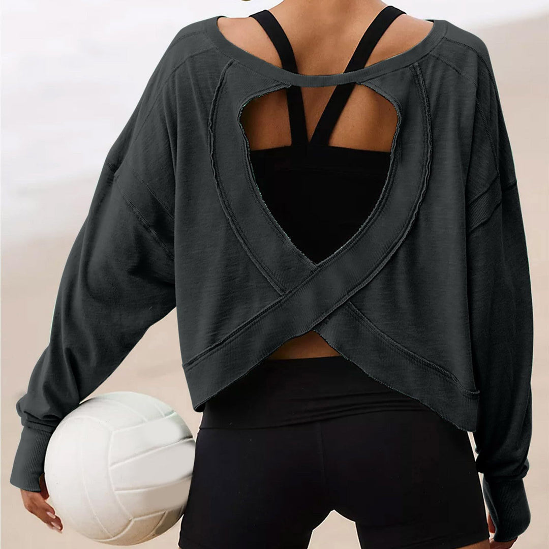 Damen Cropped-Sweatshirt mit überkreuztem Cut-Out-Rücken und rohen Saumkanten – Avérine