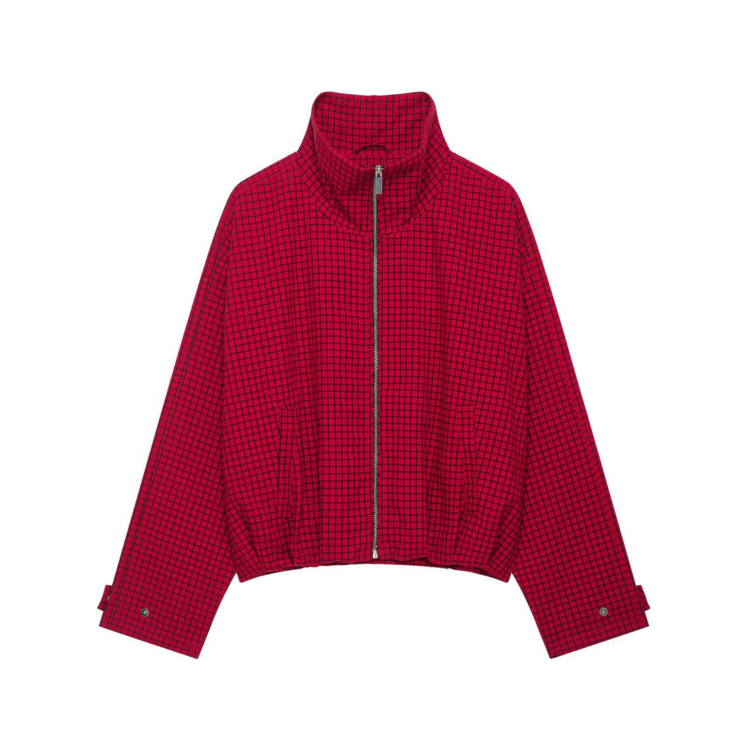 Damen Karierte Cropped-Boxy-Übergangsjacke mit hohem Stehkragen und Reißverschluss Echoarchiv