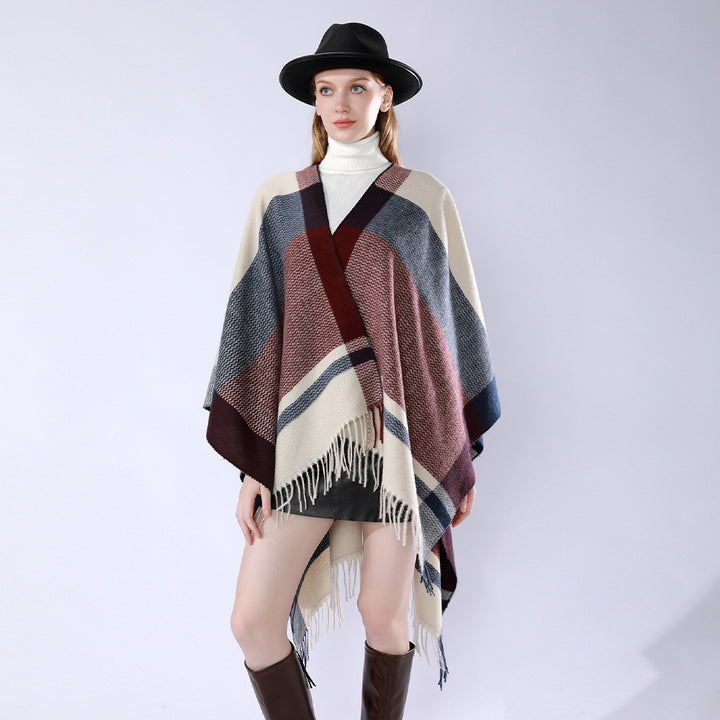 Damen Wollmix-Capeponcho mit V‑Ausschnitt, Blockstreifen und Fransen – Avérine