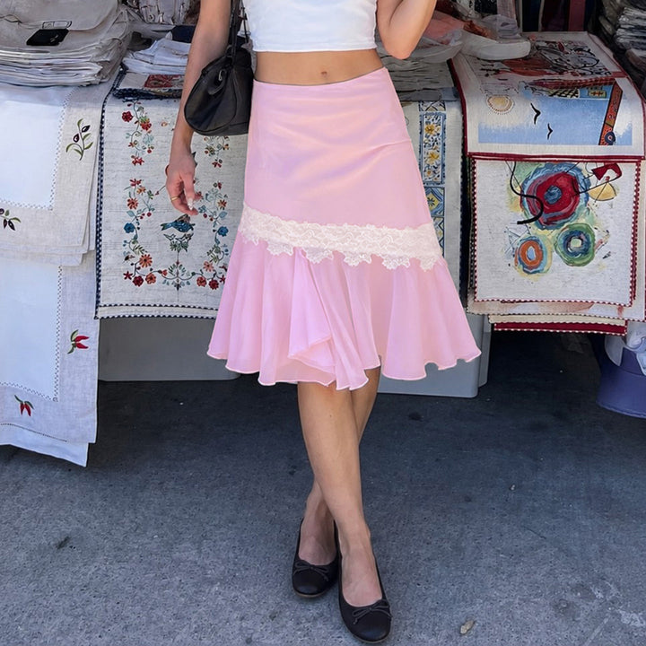 Damen Asymmetrischer Midirock mit Spitzenbesatz und Volantsaum Echo Archiv