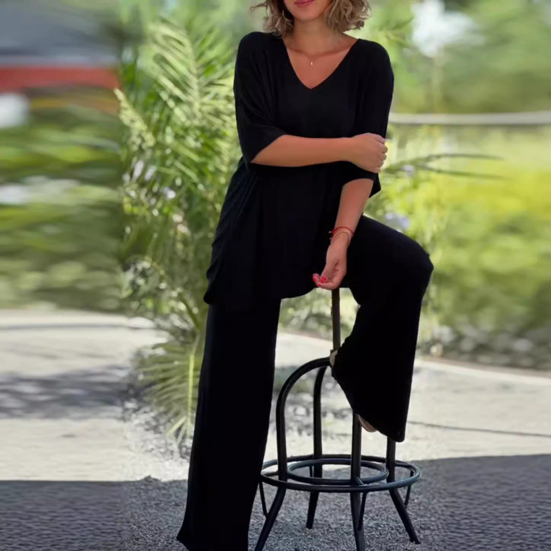 Damen nan zweiteiliges Reise- und Loungewear-Set aus weichem Rippjersey mit Longline-Tunika und Palazzohose Echo Archiv