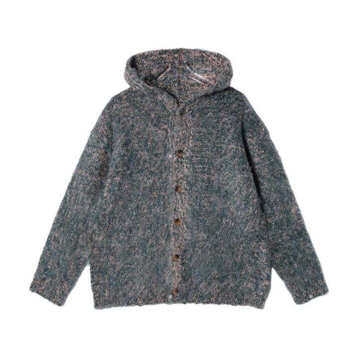 Damen Flauschige Kapuzen-Strickjacke mit Knopfleiste und melierter Bouclé-Optik Echoarchiv