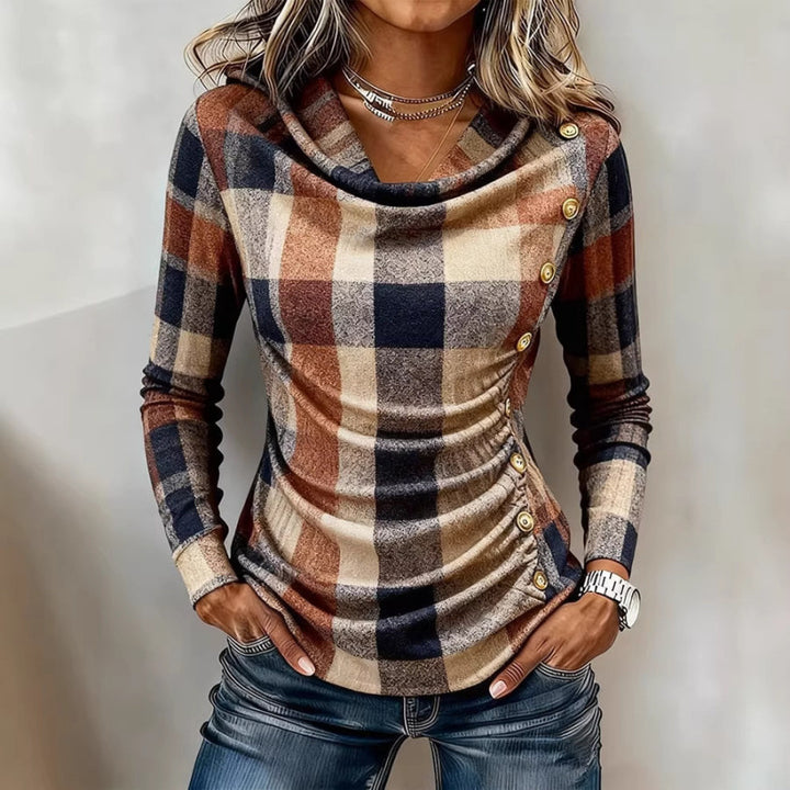 Damen Kariertes Langarm-Feinstrickshirt mit Wasserfallkragen und Zierknopfleiste Echoarchiv