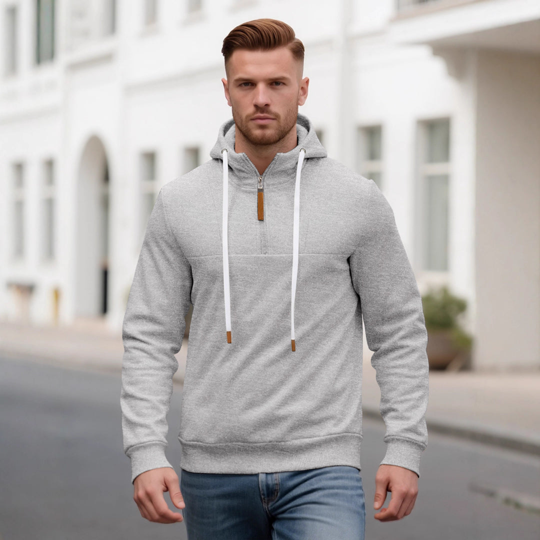 Herren Halbzip-Kapuzenpullover mit Stehkragen, Kordelzug und Lederdetails – Cavarno
