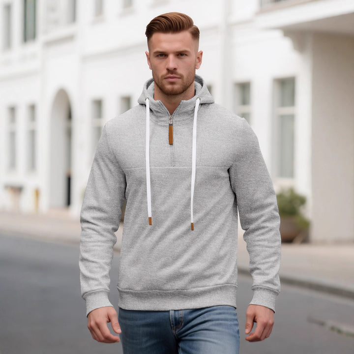 Herren Halbzip-Kapuzenpullover mit Stehkragen, Kordelzug und Lederdetails – Cavarno