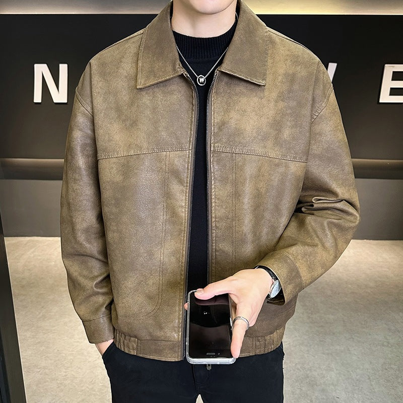 Herren Oversize Utility-Bomberjacke aus Kunstleder mit geripptem Saum und Hemdkragen Echoarchiv