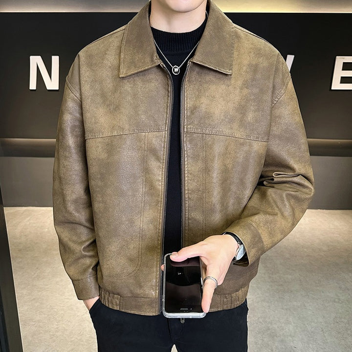 Herren Oversize Utility-Bomberjacke aus Kunstleder mit geripptem Saum und Hemdkragen Echoarchiv