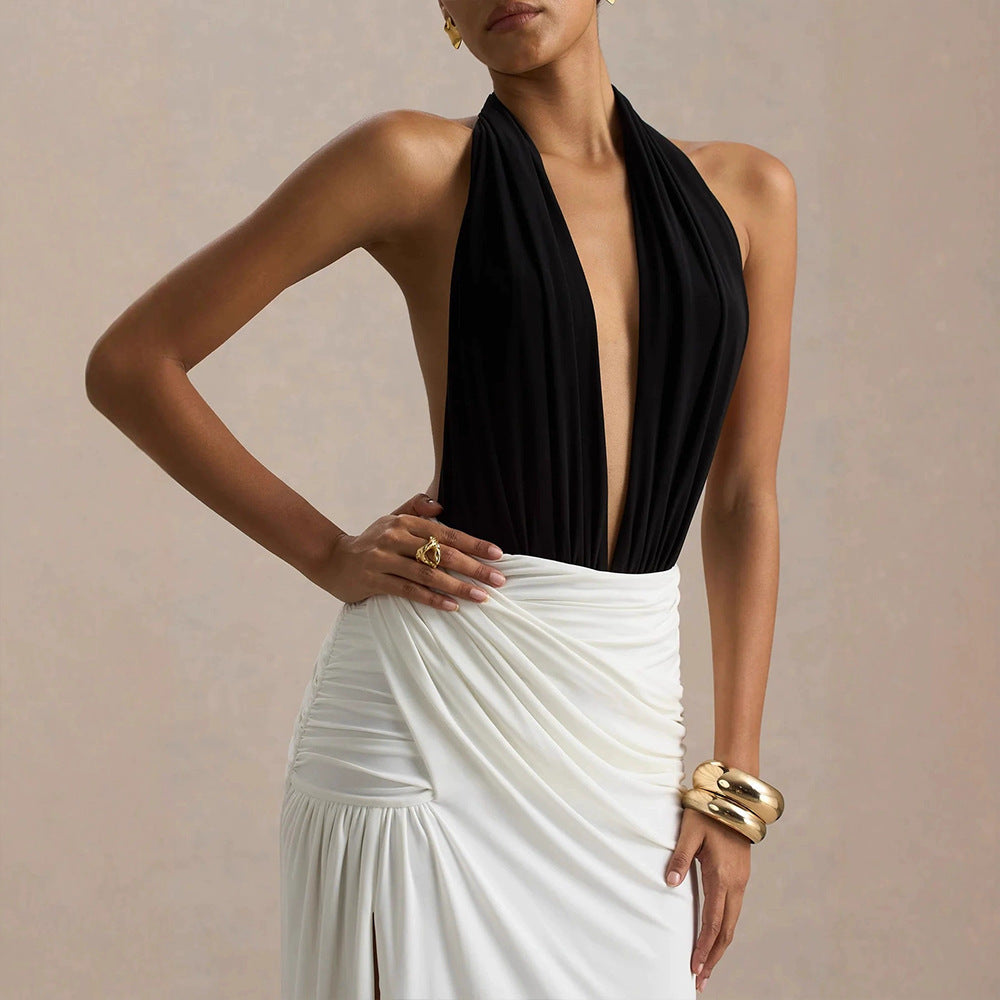 Damen Elegantes Maxikleid mit tiefem V-Ausschnitt und gerafftem Rock Echo Archiv