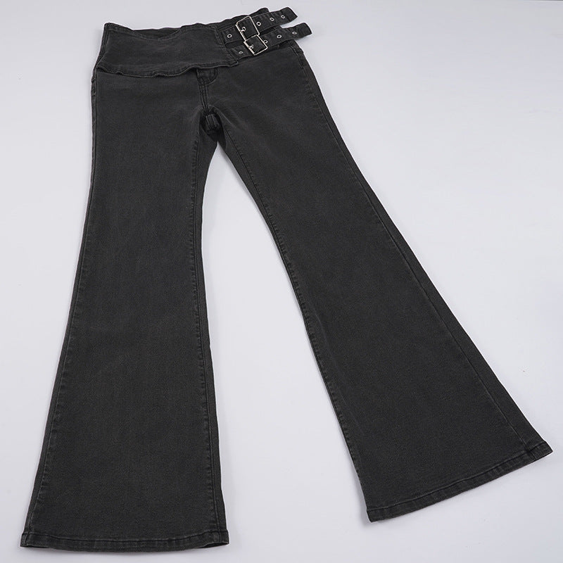 Damen High-Waist Bootcut-Jeans mit asymmetrischem Bund und Doppel-Schnallenverschluss – Dénora