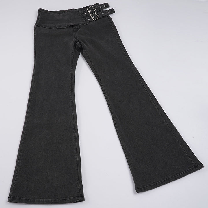Damen High-Waist Bootcut-Jeans mit asymmetrischem Bund und Doppel-Schnallenverschluss – Dénora