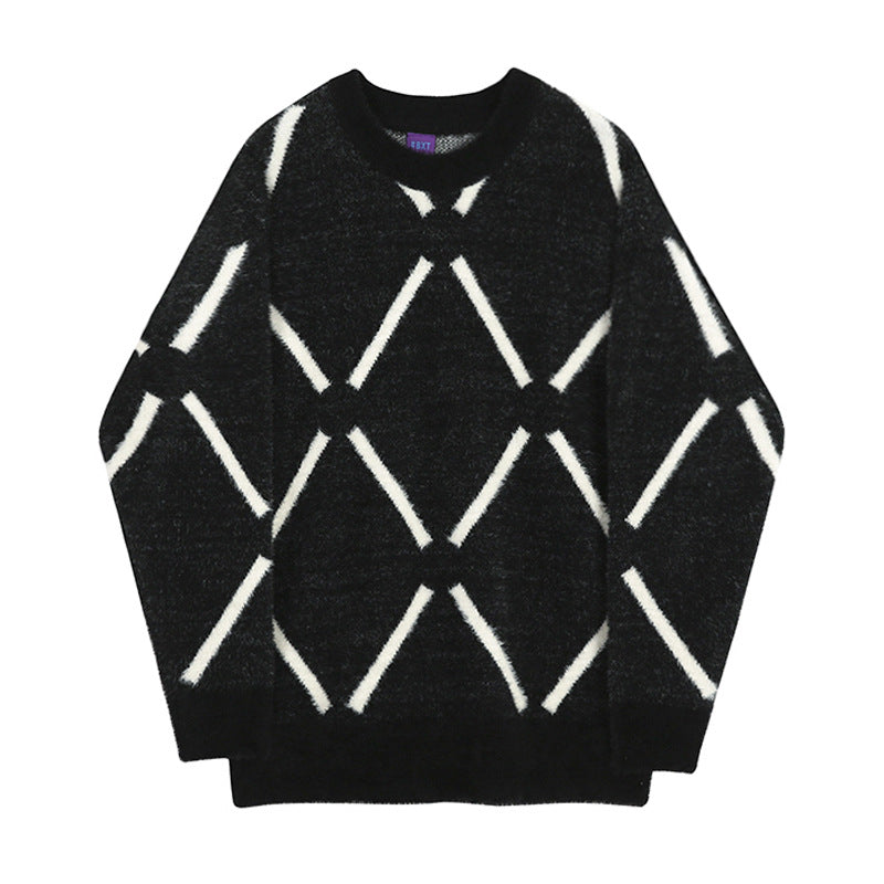 Herren Oversized Flauschiger Strickpullover mit Rautenmuster Echoarchiv