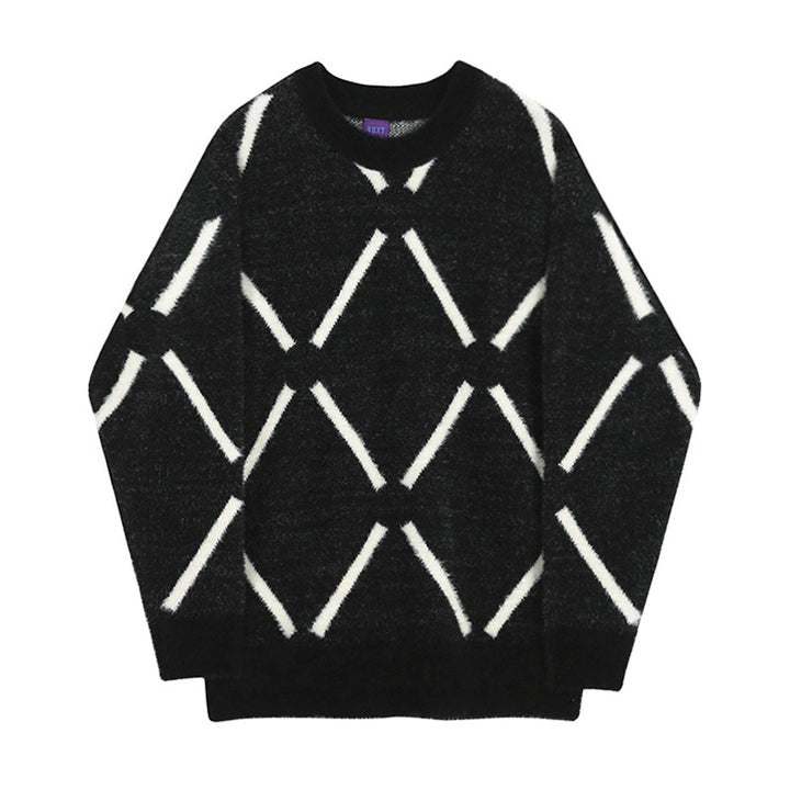 Herren Oversized Flauschiger Strickpullover mit Rautenmuster Echoarchiv