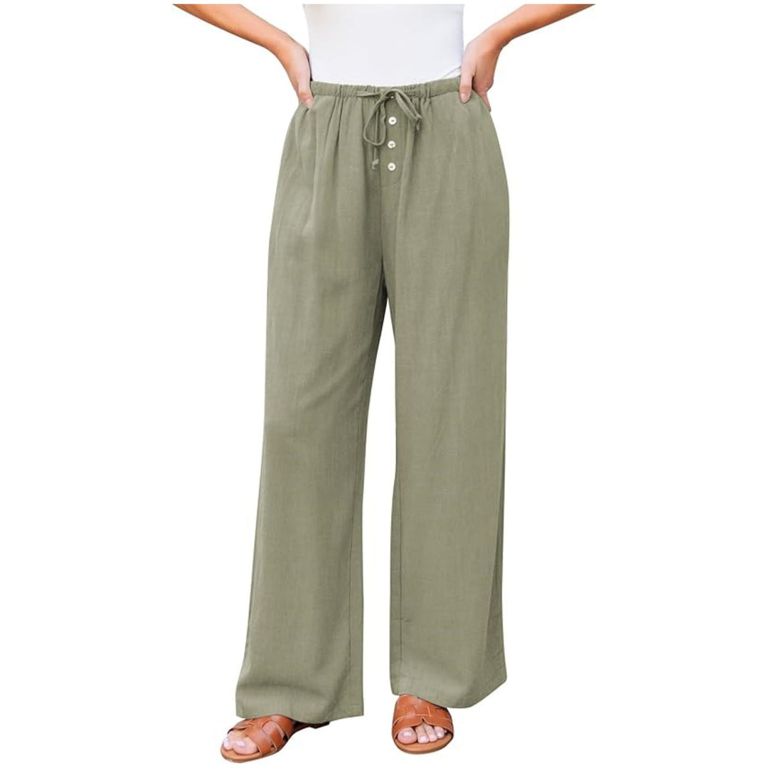 Damen weite Leinenhose mit elastischem Bund, Kordelzug und Knopfleiste Echo Archiv