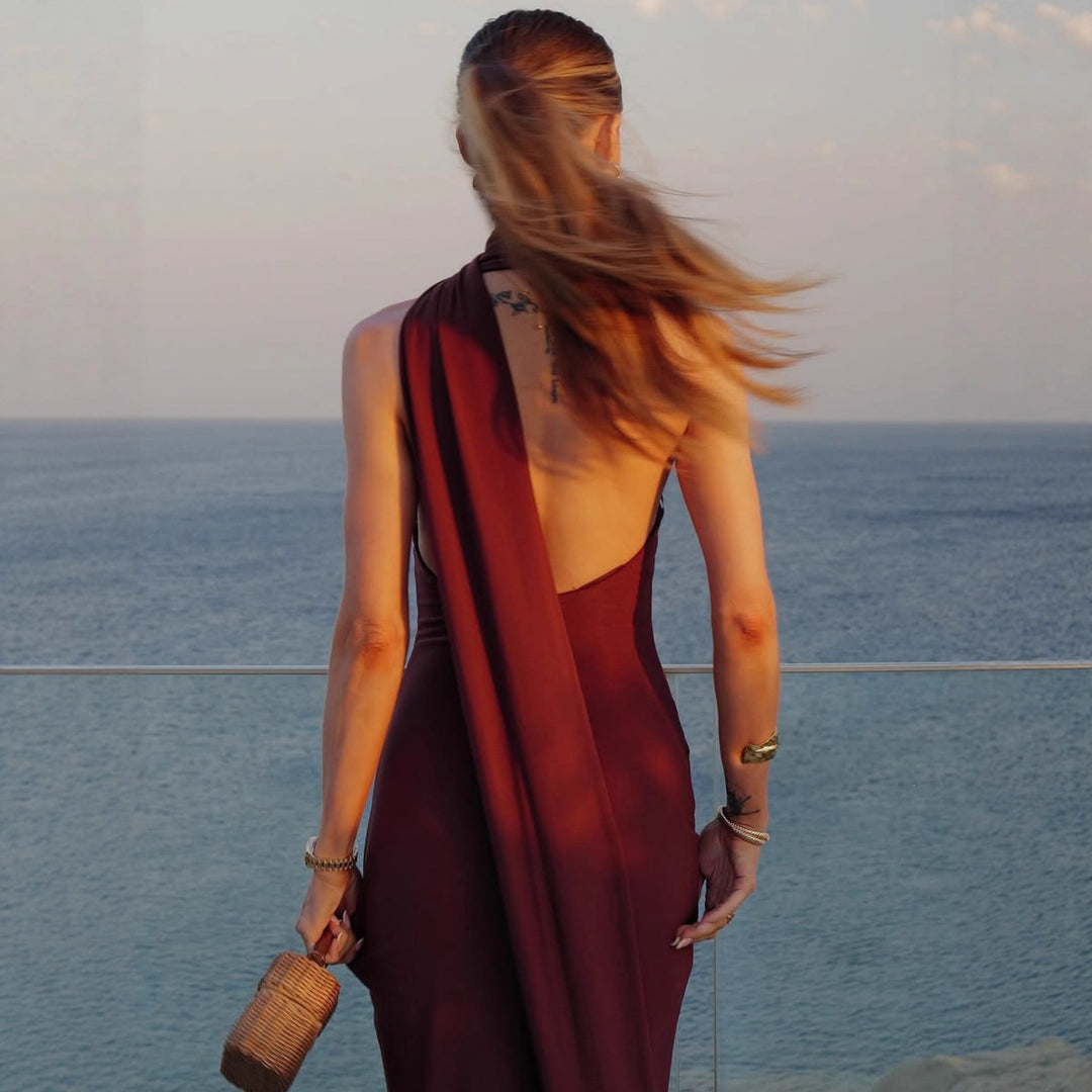 Damen Elegantes Maxikleid mit innovativem Wickeldesign und asymmetrischem Halterhals Echo Archiv