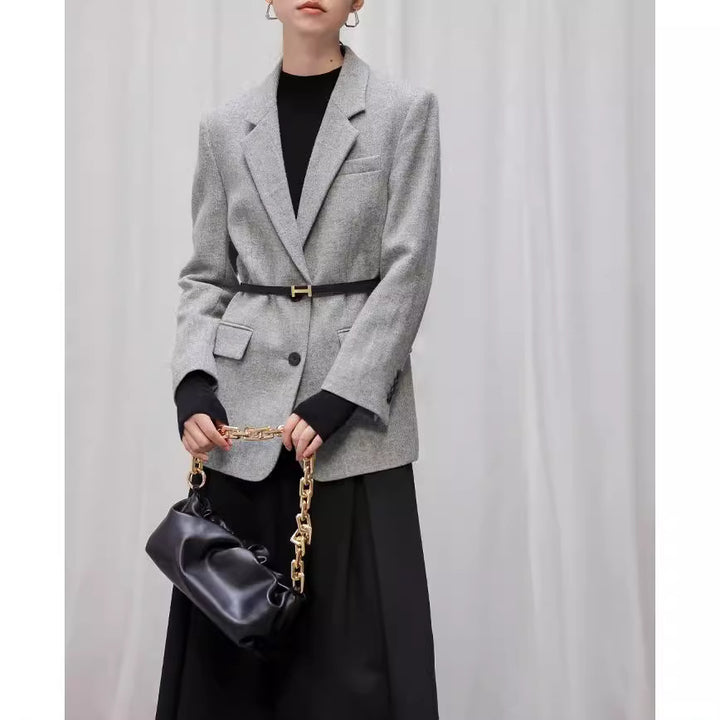 Damen Eleganter Tweed Blazer mit Taillengürtel Echoarchiv