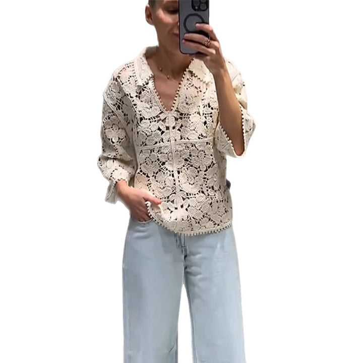Damen Gehäkelte Bluse mit floralem Ajourmuster und dreiviertel Ärmeln Echoarchiv