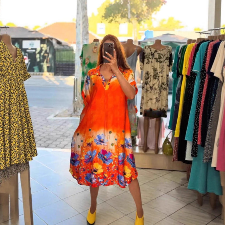 Damen nan leichtes Hemdblusenkleid mit floralem Bordürenprint, offenem V‑Ausschnitt und Einschubtaschen Echo Archiv