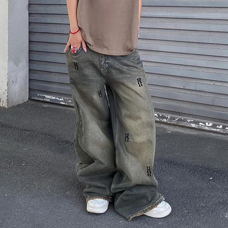 Damen nan hochtaillierte weite Denim-Jeans mit geradem Bein, Five-Pocket und Ton-in-Ton Stickerei Echo Archiv