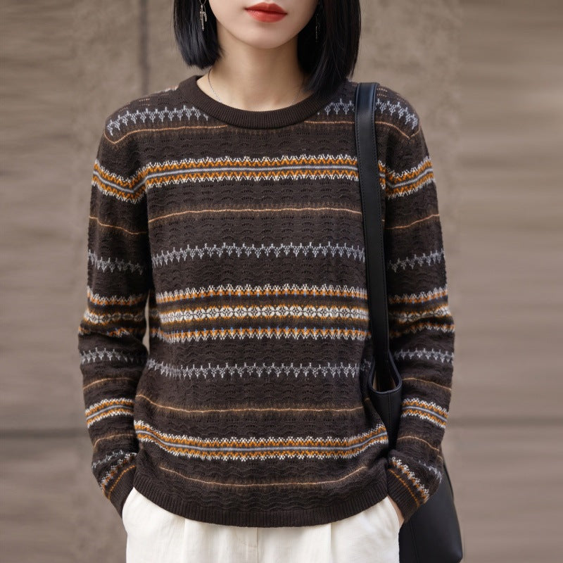 Damen Leichter Rundhals-Pullover im Norwegerstreifen-Design mit strukturierter Ajouroptik Echoarchiv
