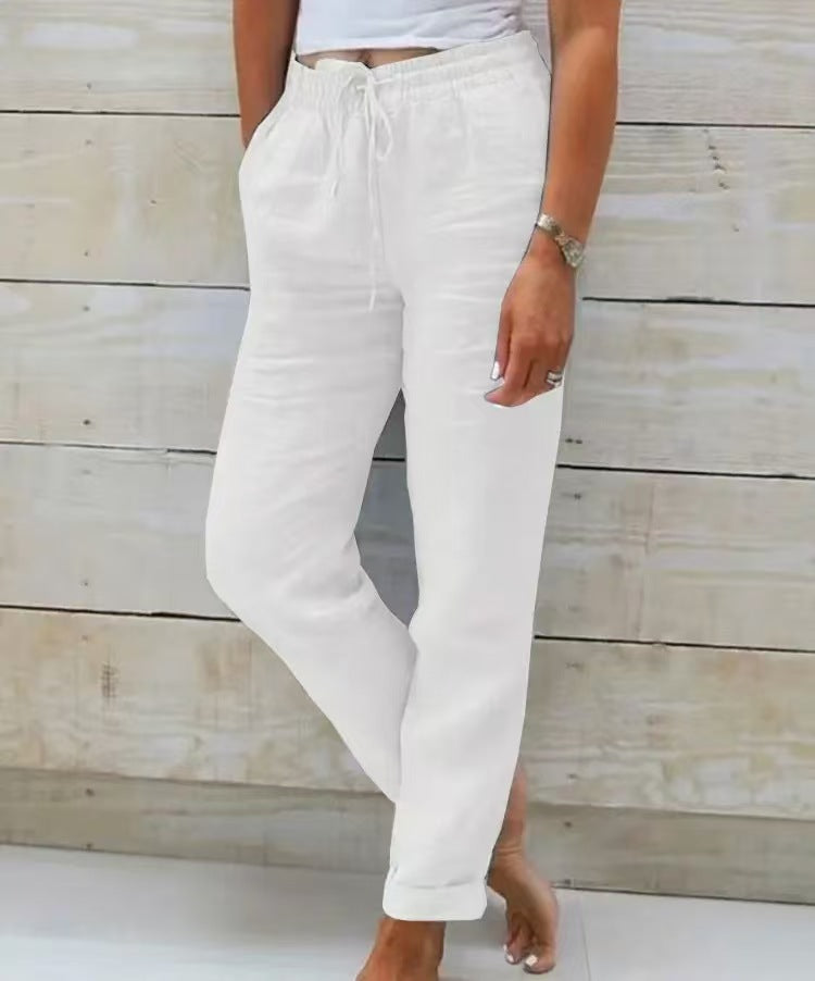 Damen lässige Leinenhose mit elastischem Bund Kordelzug und Seitentaschen – Avélisse
