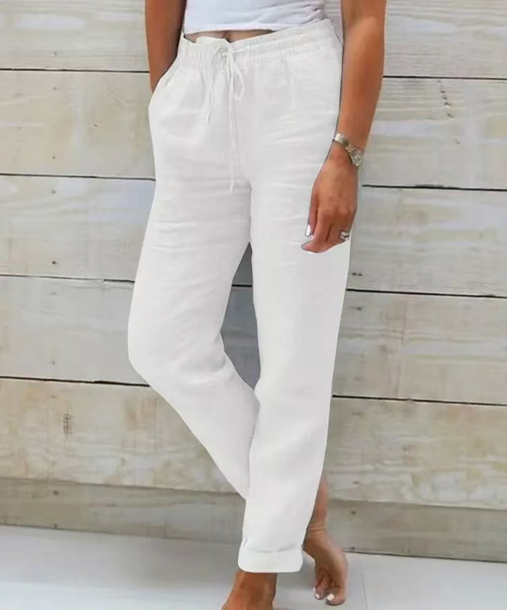 Damen lässige Leinenhose mit elastischem Bund Kordelzug und Seitentaschen – Avélisse