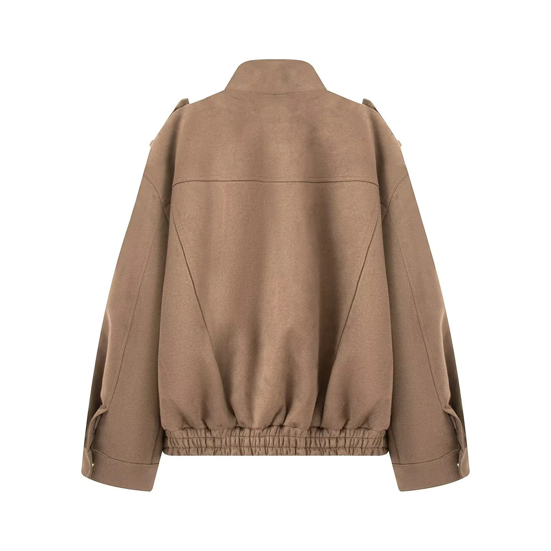 Damen kastiger Wollmix-Bomber mit Schulterklappen, Pattentaschen und elastischem Saum – Avenza