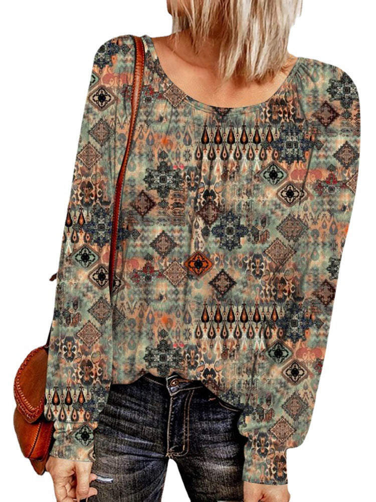 Damen Ethno-Print Oversize-Tunika mit Rundhalsausschnitt und langen Ballonärmeln – Avérine