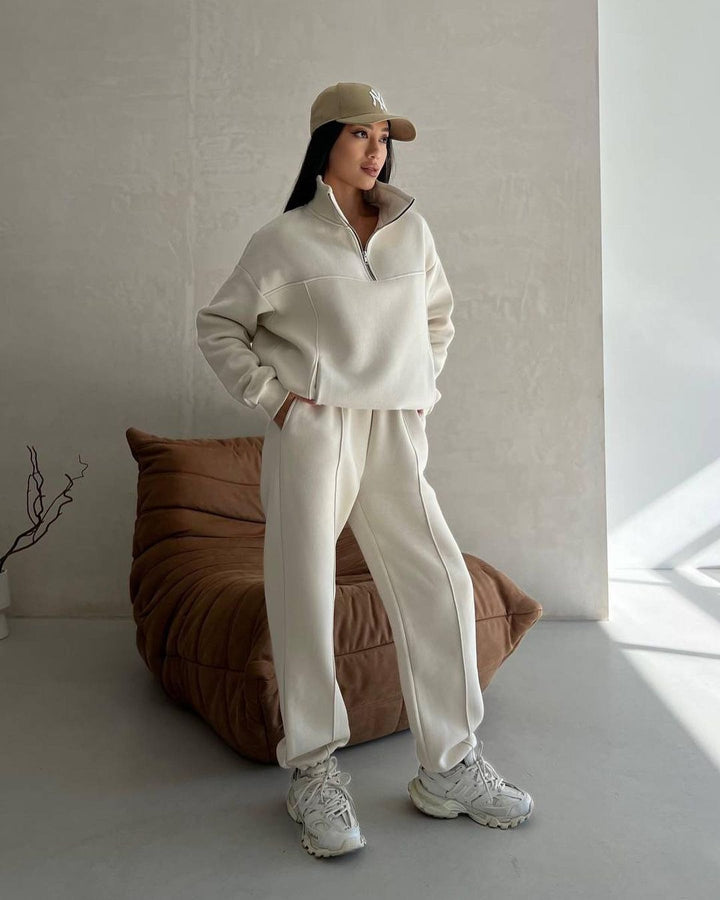 Damen Weiches Oversized Lounge-Set mit Troyer-Kragen, Eingrifftaschen und schmeichelhafter High-Waist Hose Echoarchiv