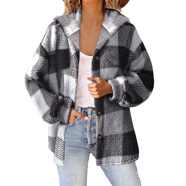 Damen nan kuschelige karierte Teddyjacke mit Kapuze, Knopfverschluss und oversized Schnitt Echo Archiv